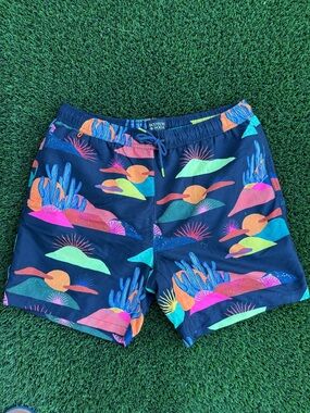 Scotch & Soda Navy Swim Trunks with Neon Multicolor Print